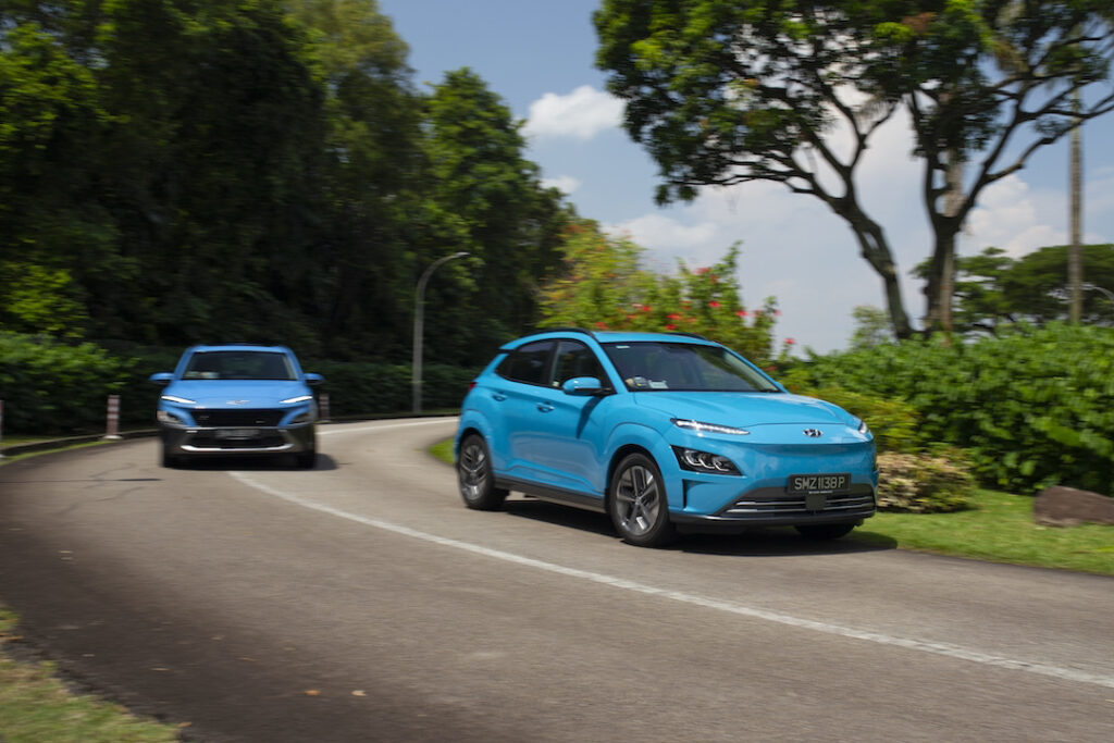 KONA Electric and KONA Hybrid on the road - front view