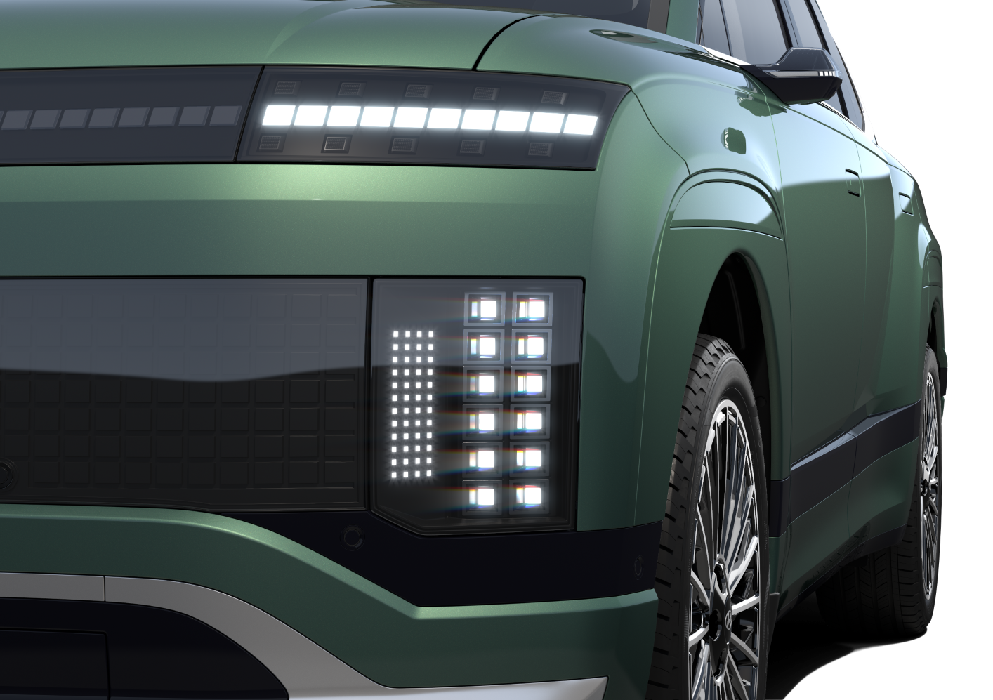 The LED lighting signature of the IONIQ 9 show from the front and rear.