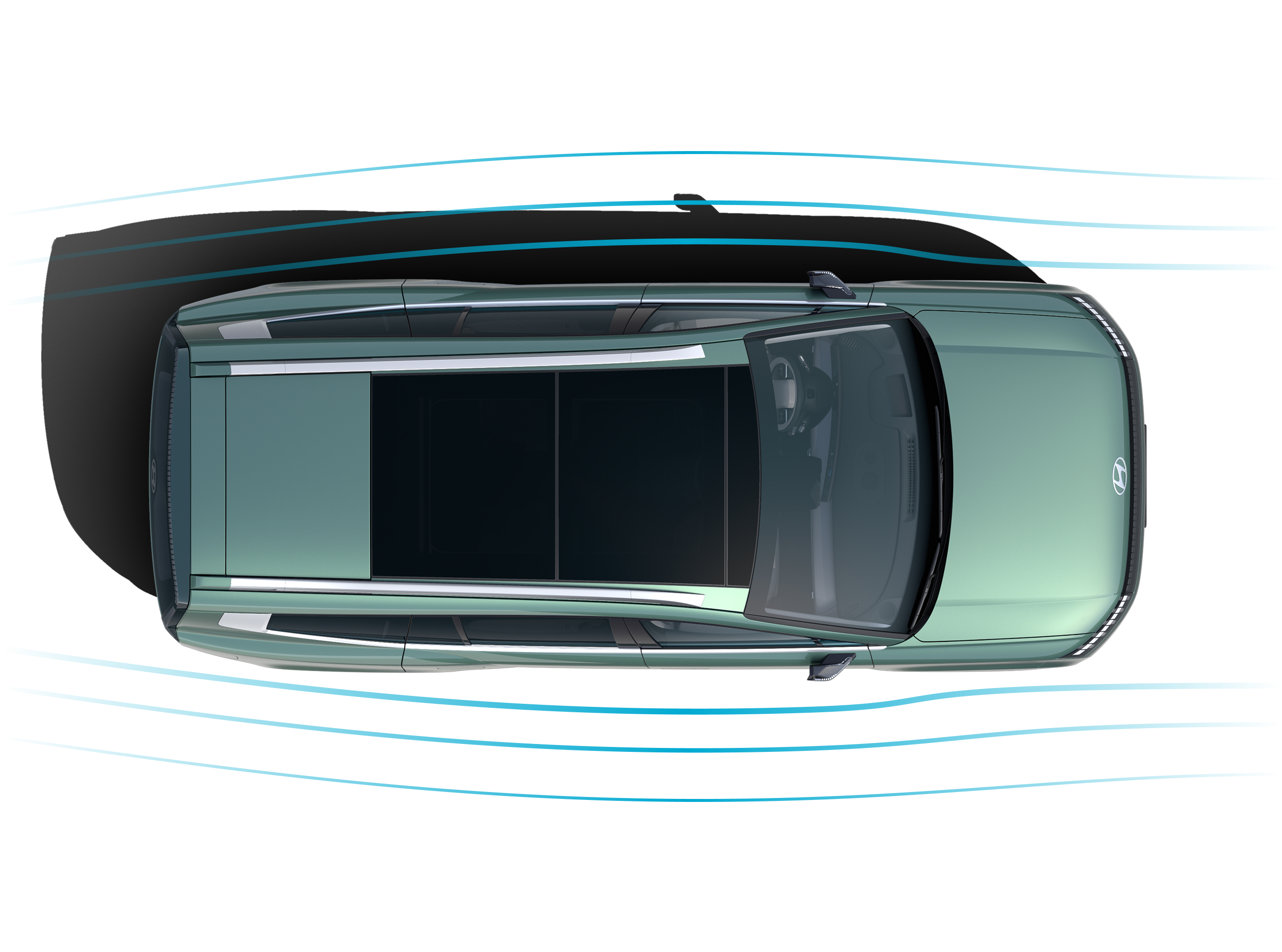 Birds eye view of the aerodynamic flow of the Hyundai IONIQ 9 electric SUV.